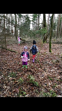 Franio, Lila i mała Helenka szukają wiosny w lesie